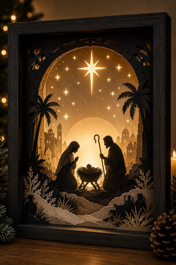 Layered nativity shadow box with dark paper silhouettes and a warm diffused halo.