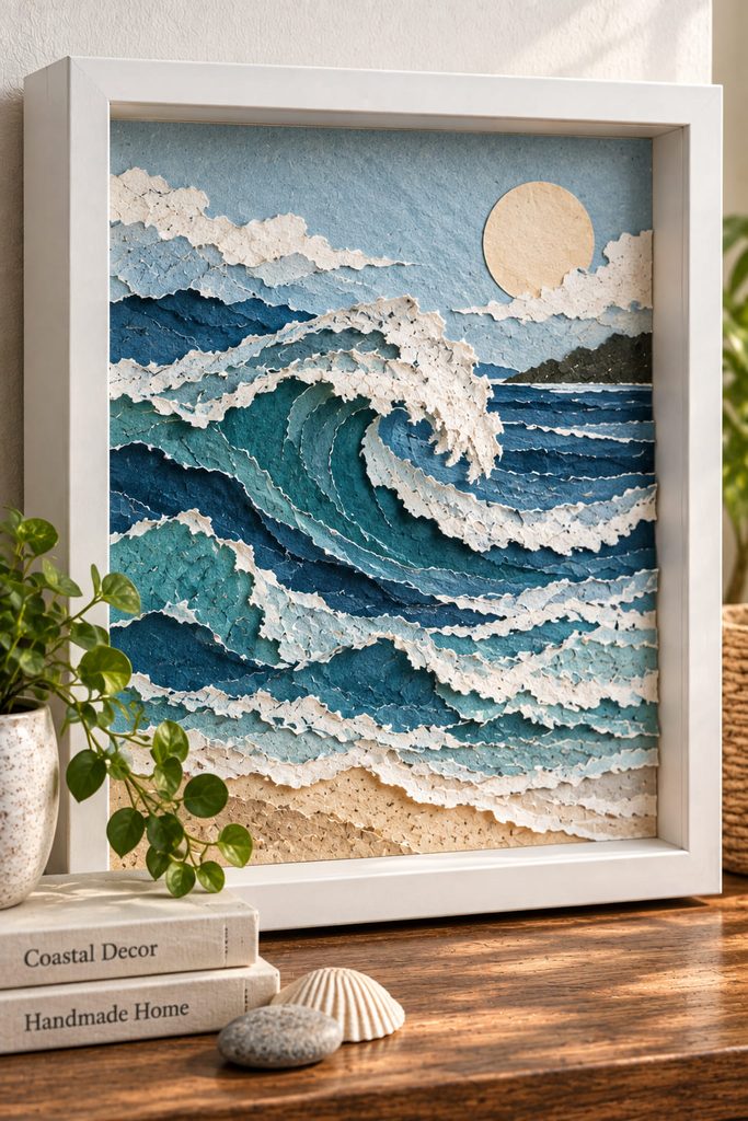 Dimensional ocean wave shadow box with torn blue paper layers raised on hidden spacers.