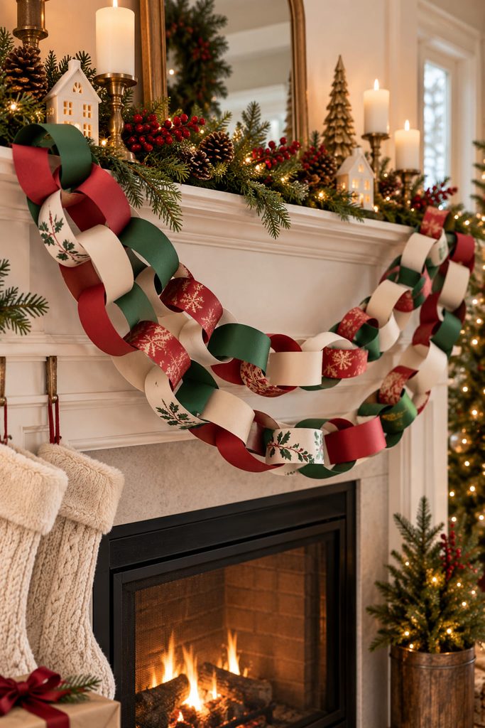 Oversized red, green, and cream paper chain draped across a Christmas mantel.