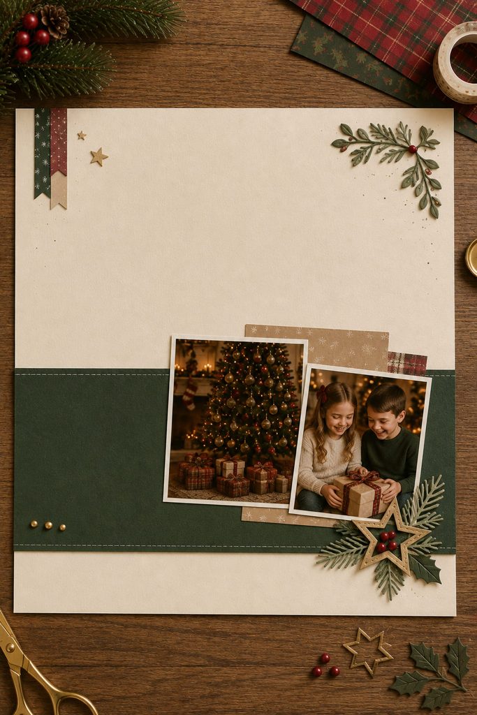 Holiday scrapbook layout with a wide evergreen title band and two small photos grouped at one end.