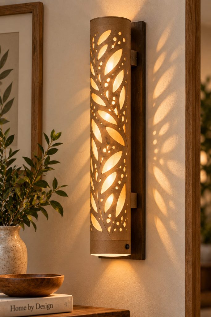 Perforated cardboard wall column glowing softly through vellum from a cool battery-powered LED.