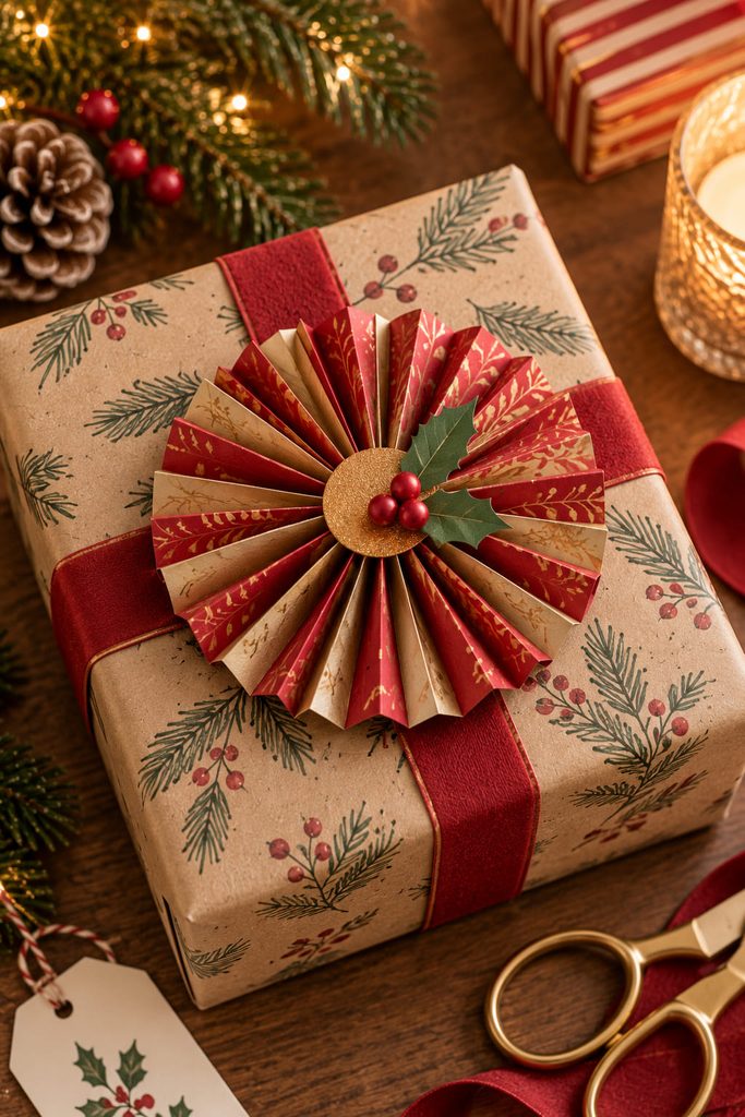 Accordion-pleated paper rosette used as a topper on a wrapped Christmas gift.