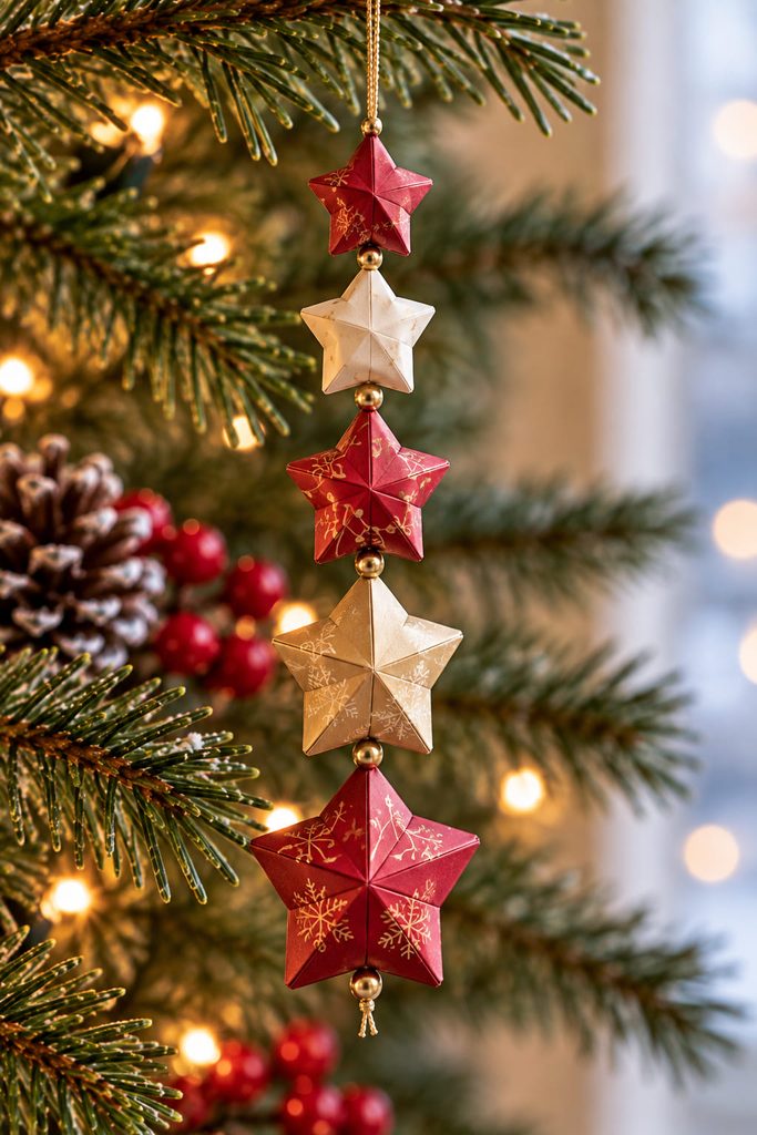 Vertical drop ornament of puffy folded lucky stars spaced along thread between evergreen branches.