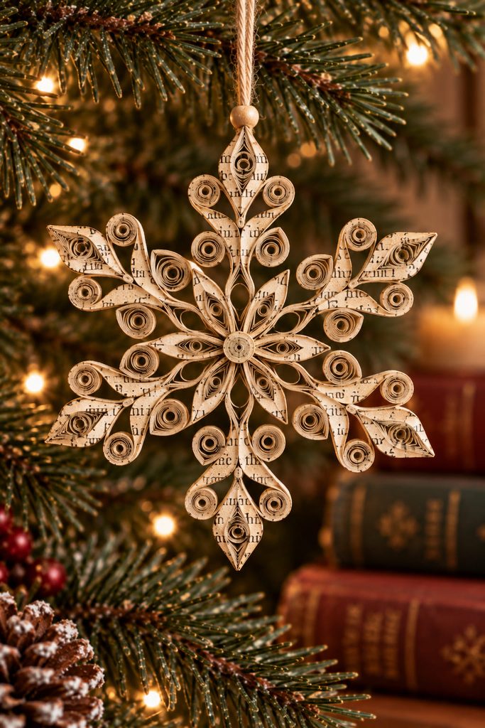 Openwork quilled snowflake ornament made from narrow strips of printed book paper.