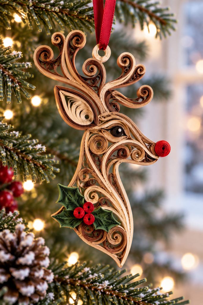 Quilled reindeer profile ornament with open antler scrolls, tiny eye coil, and red paper nose.