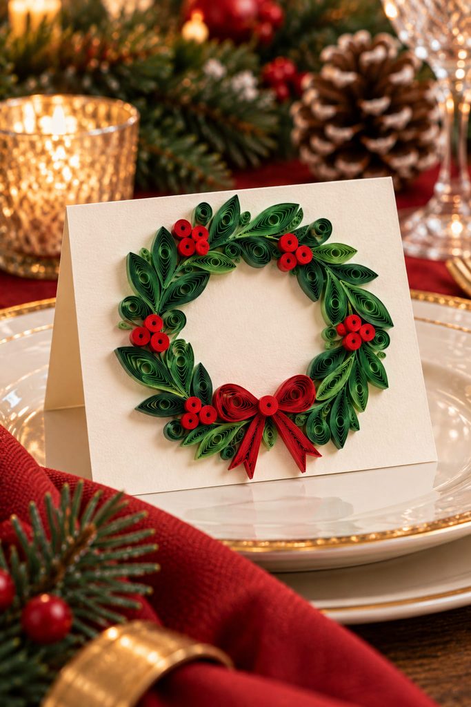 Ivory place card with a green quilled wreath and berry coils framing a clear central name area.