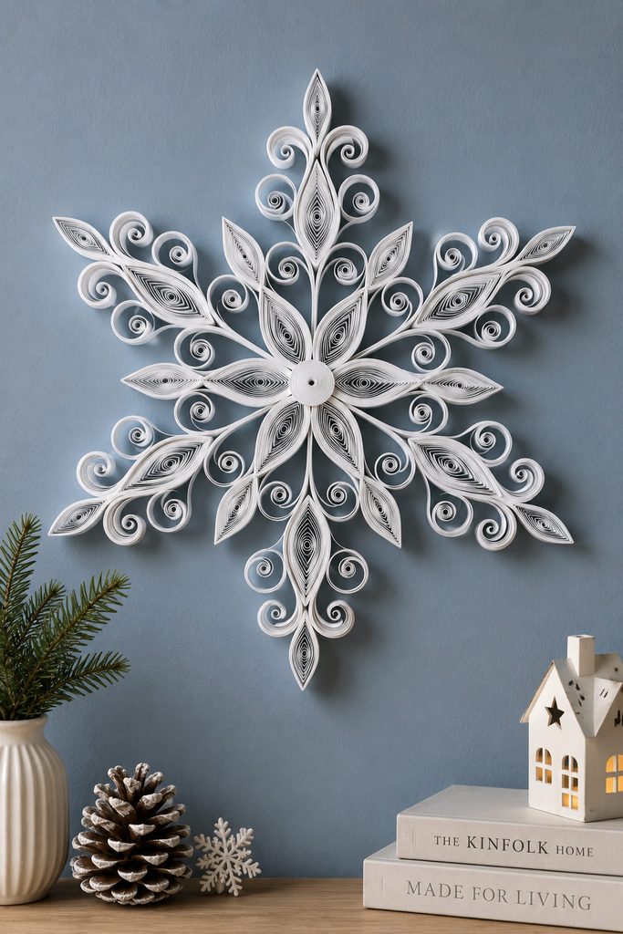 Quilled paper snowflake rosette made from raised coils and curved paper strips.