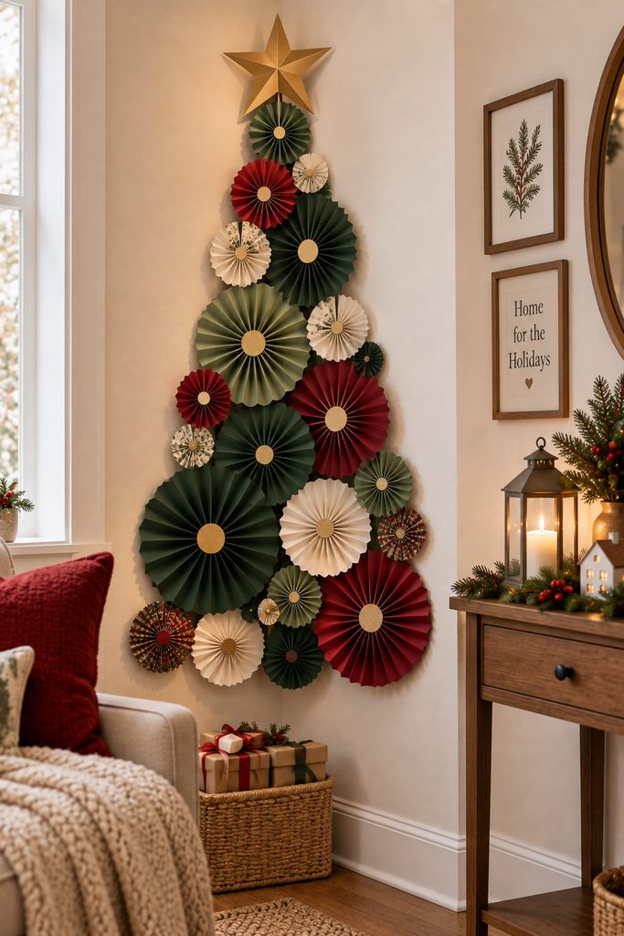 Mixed-size pleated paper rosettes arranged into a Christmas tree silhouette in a small room corner.