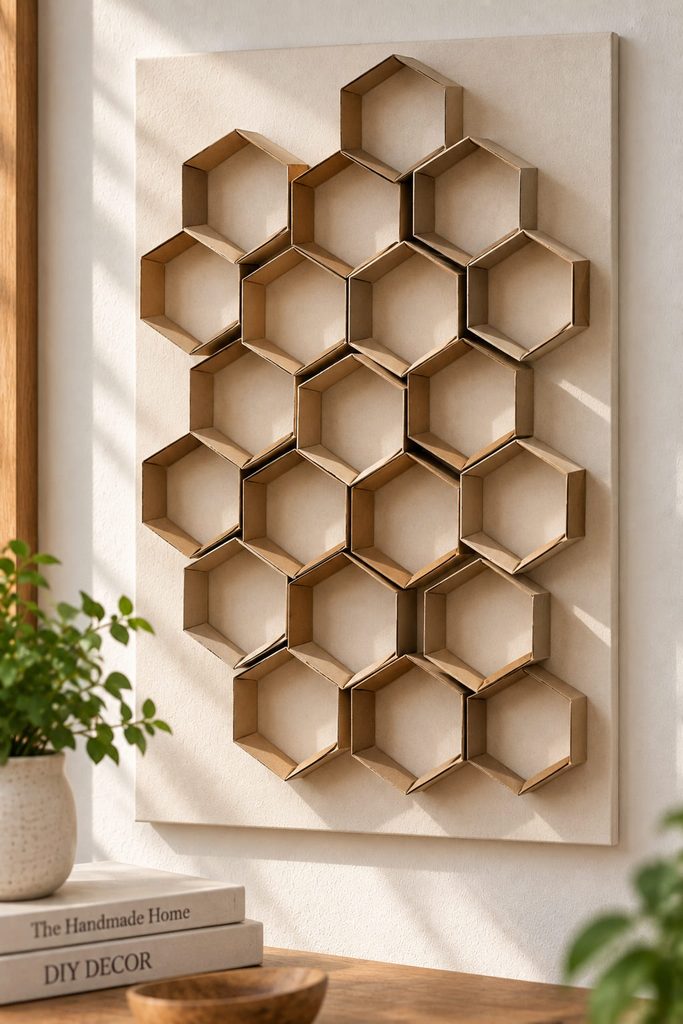 Geometric wall relief made from scored cardboard tubes folded into open hexagonal tiles.