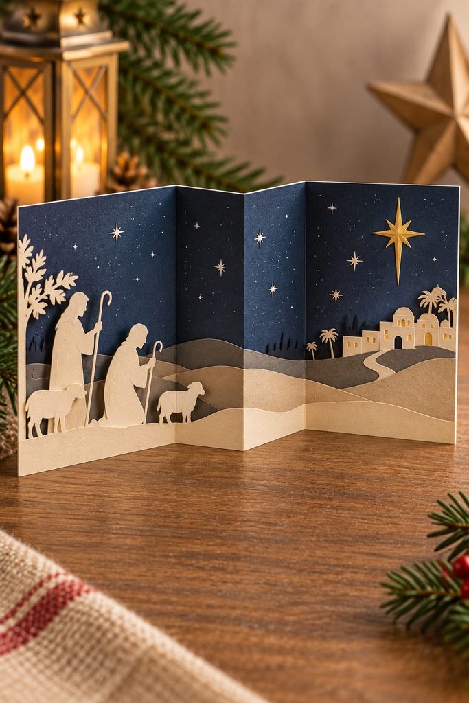 Open accordion panorama card with shepherd silhouettes, night hills, Bethlehem, and a guiding star.