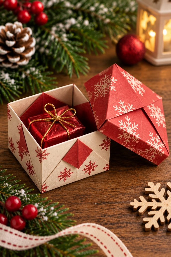 Small folded masu gift box with a separate lid and a tiny Christmas favor inside.