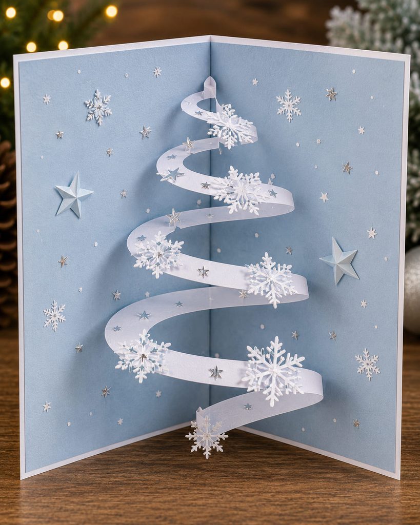 White spiral snowflake coil stretching between the panels of an open pale-blue Christmas card.