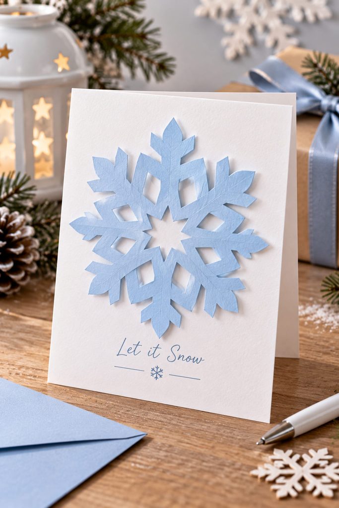 Small blue paper snowflake with a star-shaped center mounted on a greeting card.