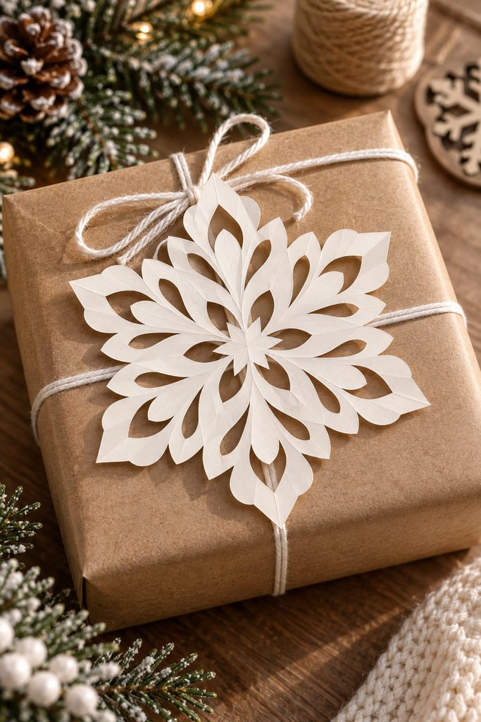 Cream paper snowflake with teardrop petal cutouts used as a topper on a kraft gift box.