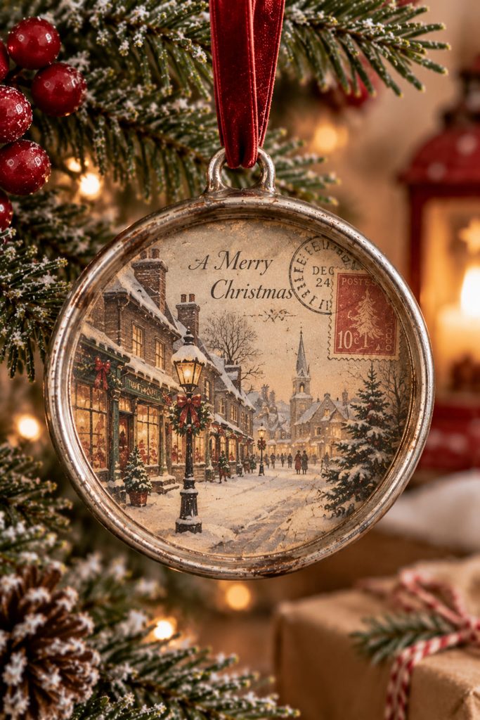 Tin-lid ornament framing a vintage snowy postcard scene inside a shallow metal rim.