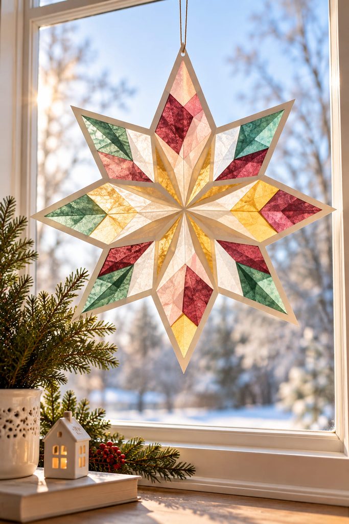 Vellum and tissue paper patchwork star suncatcher glowing in a bright window.