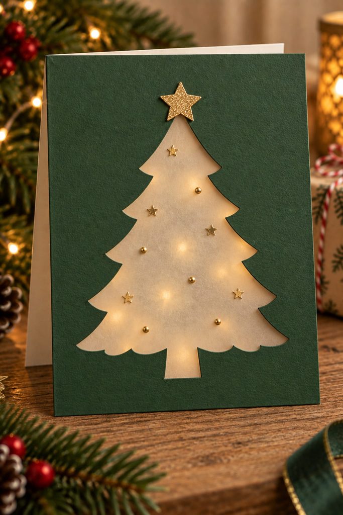 Forest-green Christmas card with a translucent vellum tree window and tiny gold paper accents.