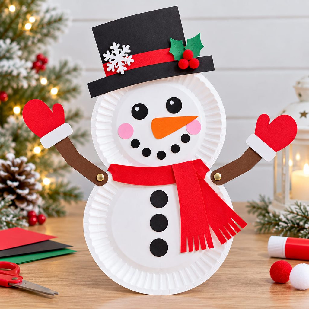 Paper plate snowman with movable cardstock arms