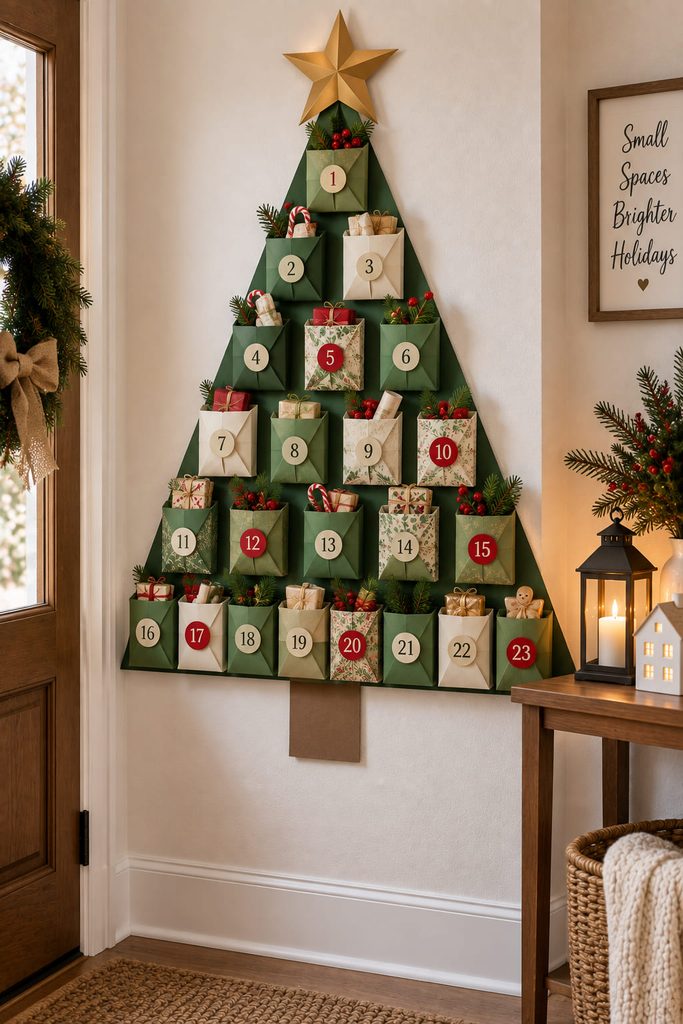 Folded cardstock advent pockets arranged as a functional Christmas tree on a rigid wall panel.