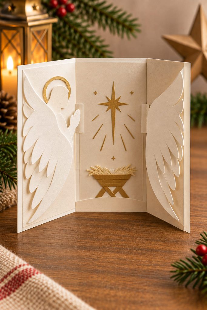Open angel messenger card with hinged paper wings revealing a small gold star inside.