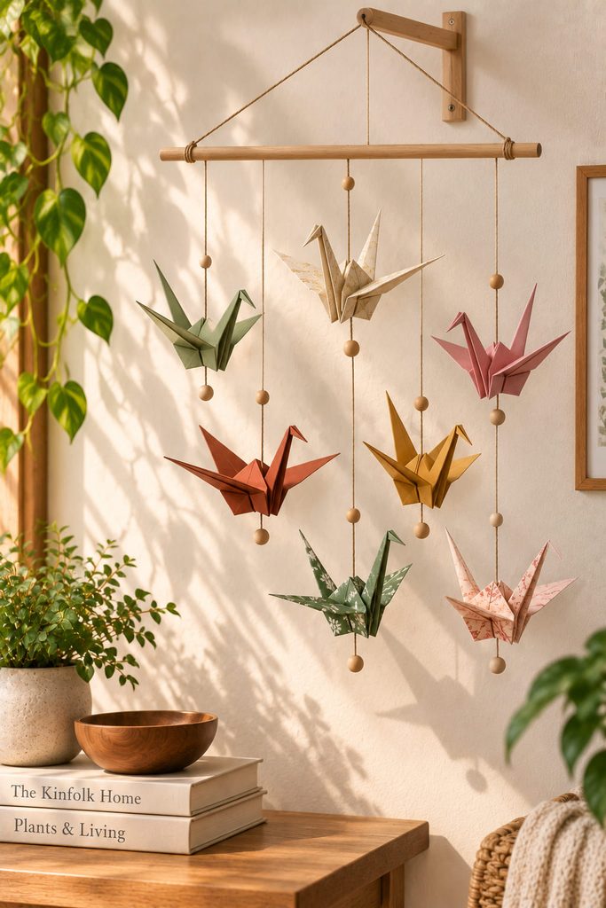 Balanced origami crane wall mobile with suspended paper birds and visible clearance from the wall.