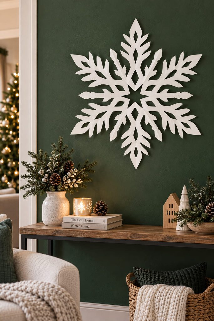 Large white chevron branch snowflake displayed on a deep green wall.