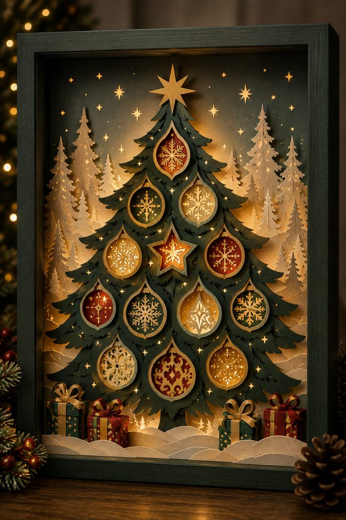 Dimensional Christmas tree shadow box with recessed paper baubles and subtle metallic accents.