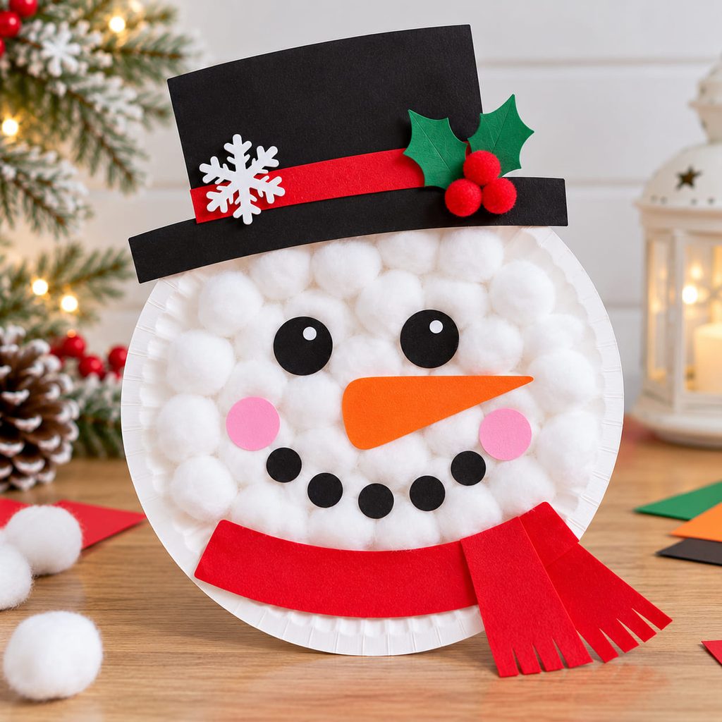 Fluffy cotton-ball snowman made on a paper plate