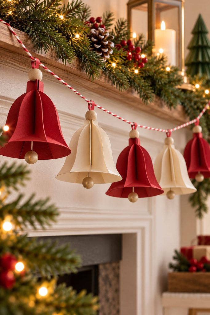 Cross-slotted dimensional paper bells with small clappers hanging from a Christmas garland.