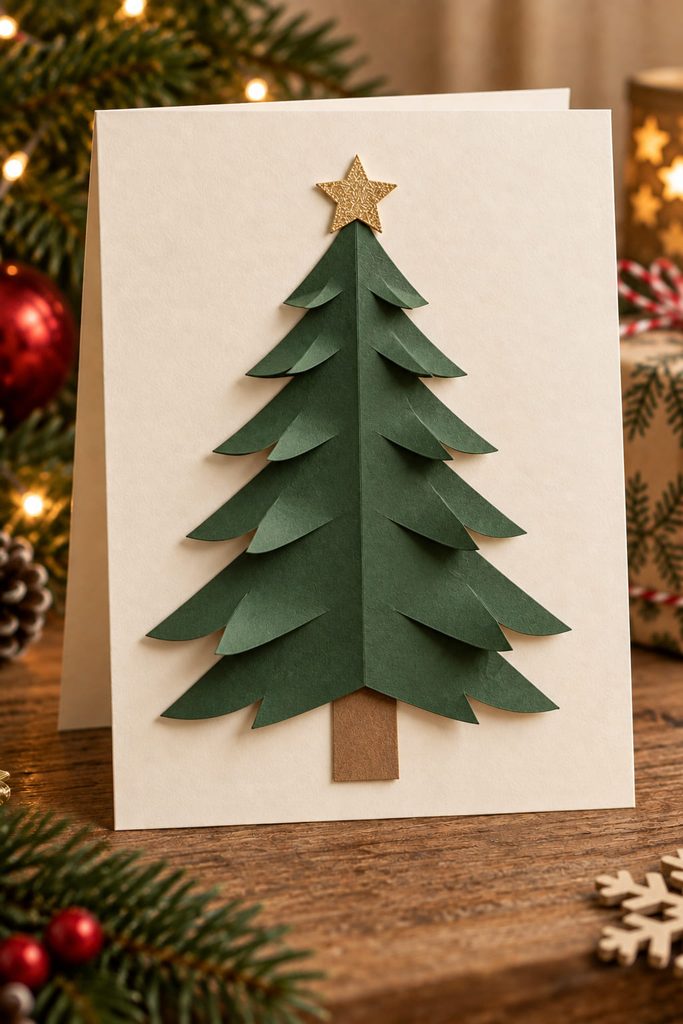 Green paper Christmas tree with shallow cut-and-lift branches mounted on a warm-white card.