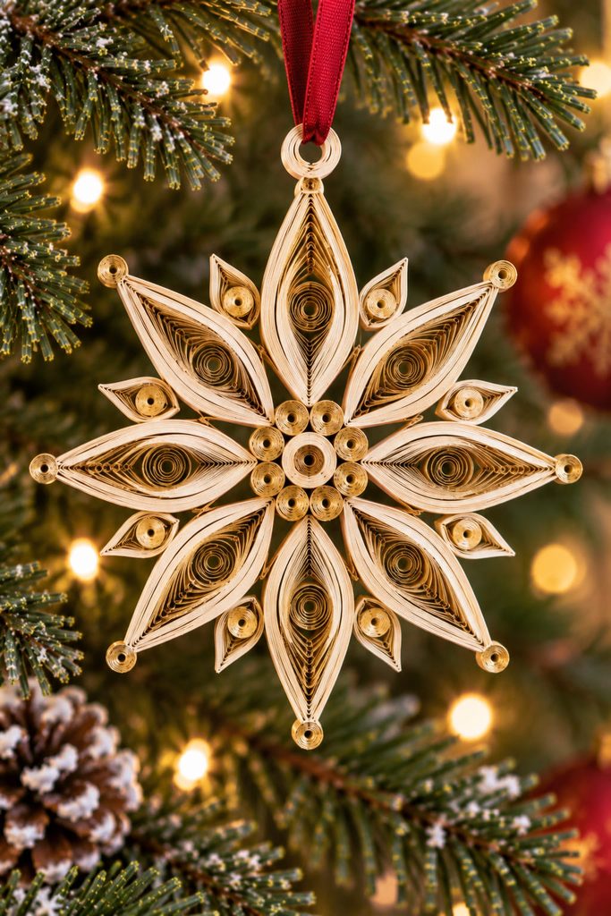 Eight-point quilled Christmas star with matched ivory and gold marquise coils around a compact center.