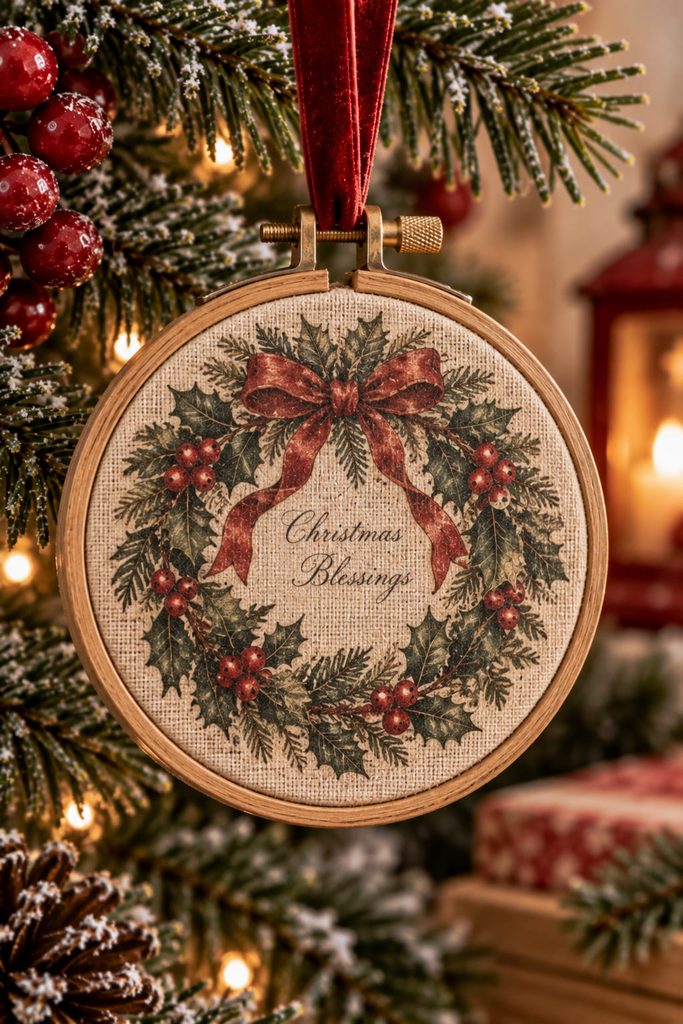 Small embroidery-hoop ornament with a taut linen-look center and vintage redwork wreath image.