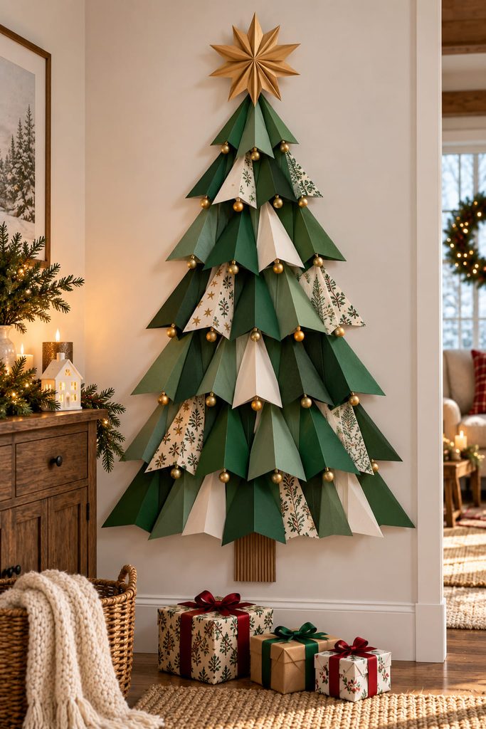 Folded cardstock triangles forming a dimensional Christmas tree wall relief.