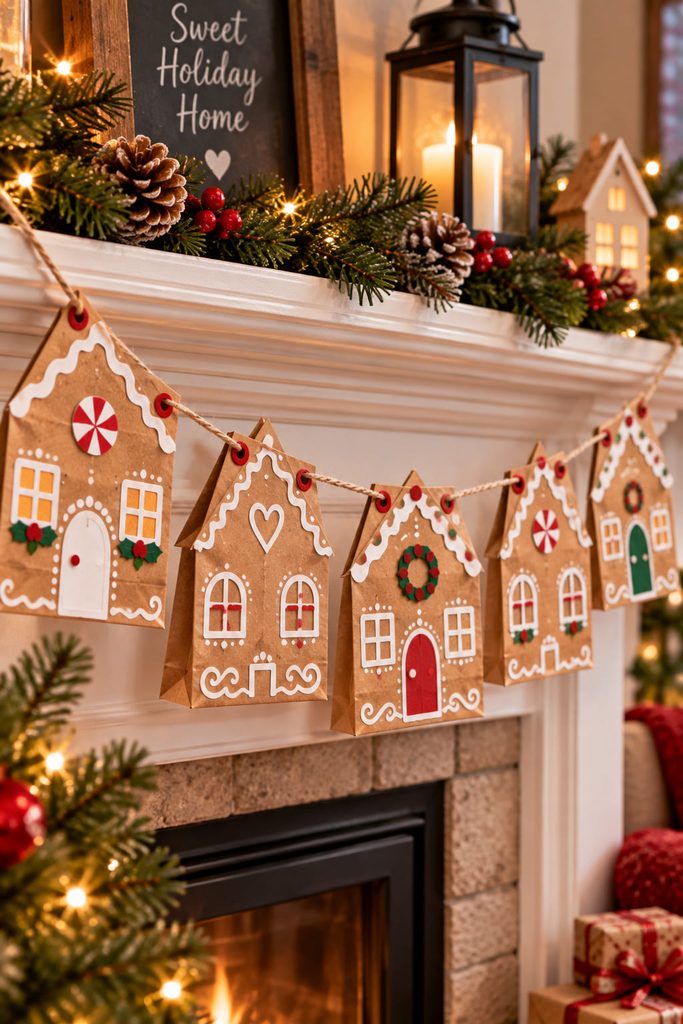 Kraft paper gingerbread house garland made from flattened bag panels with visible original fold lines.