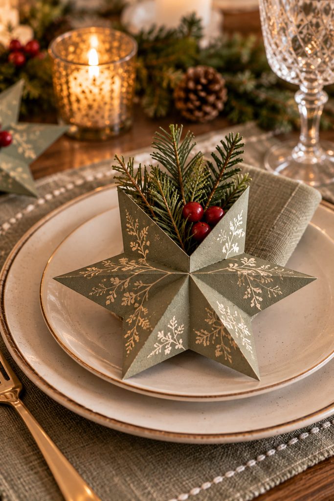 Folded cardstock star pocket holding a small evergreen sprig at a Christmas place setting.