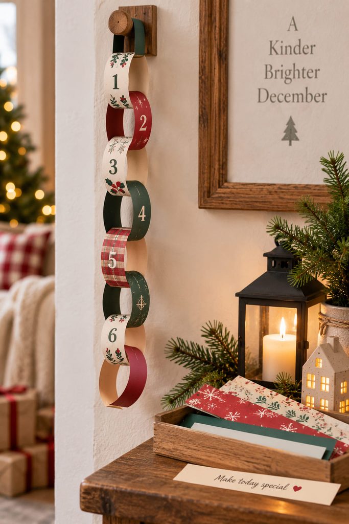 Growing paper chain advent countdown with a new handmade link ready to be joined.