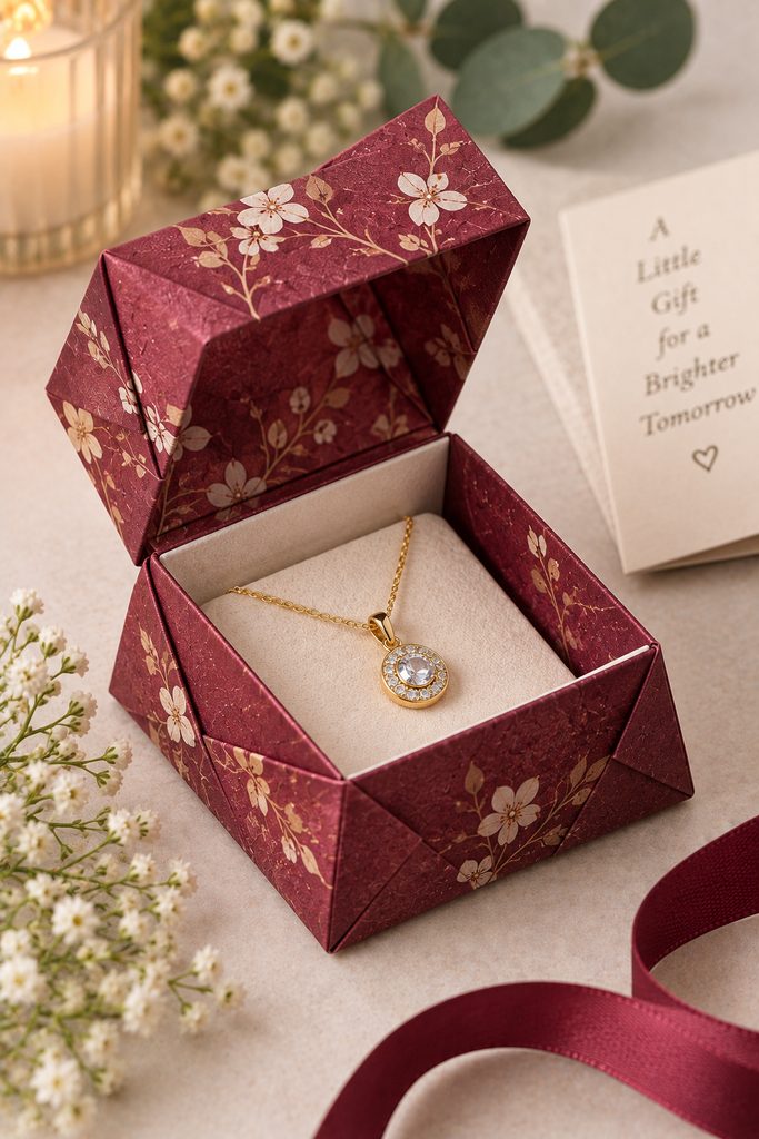 Burgundy hinged folded paper box open to reveal a small pendant.