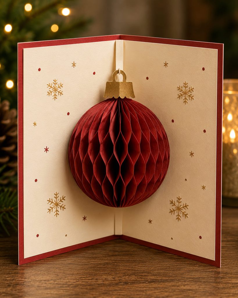 Rounded red honeycomb paper ornament expanding inside an ivory Christmas card.