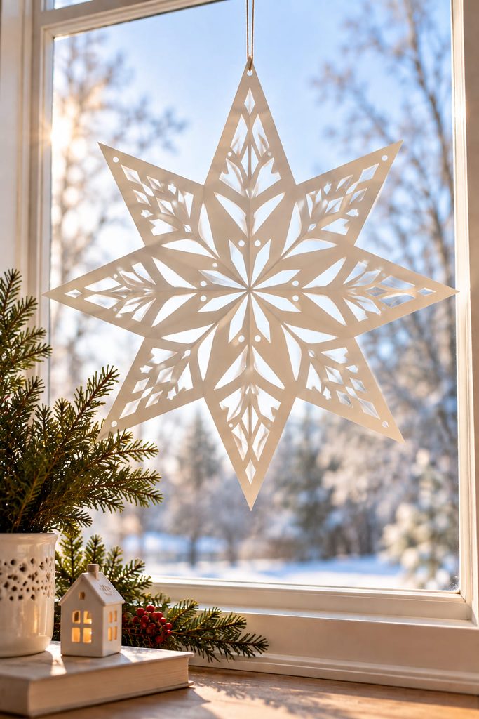 Flat cut-paper lace star with geometric openings displayed against clear window glass.