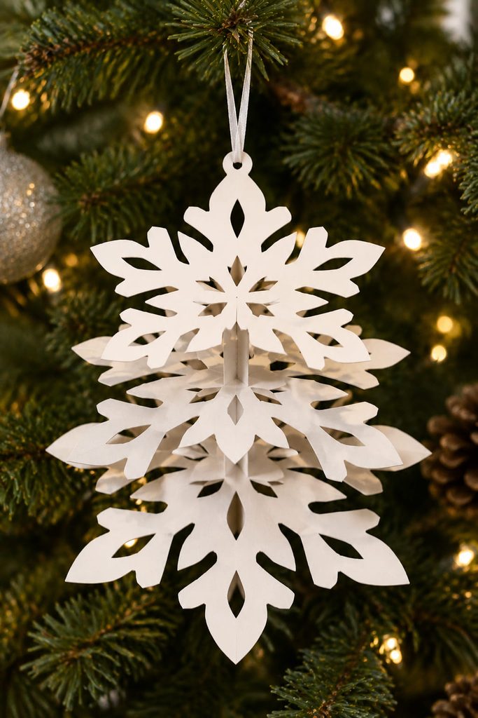 Layered paper snowflake ornament with visible shadow gaps between three suspended levels.