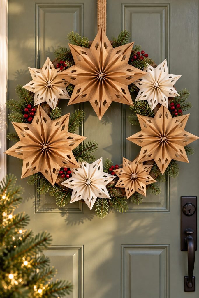 Wreath made from several mini kraft bag-star forms arranged around a visible lightweight ring.
