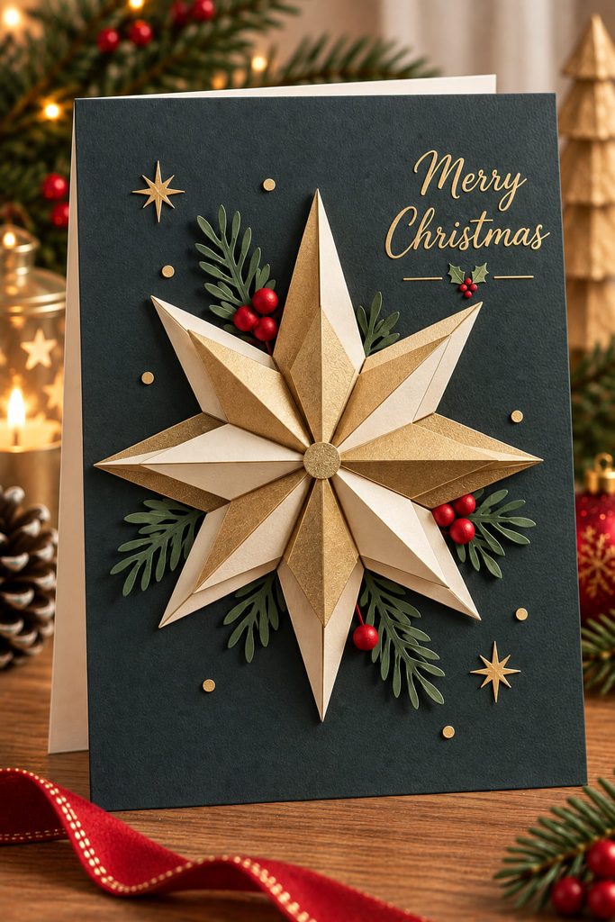 Eight-point dimensional paper star assembled from folded ivory and gold modules on a charcoal card.
