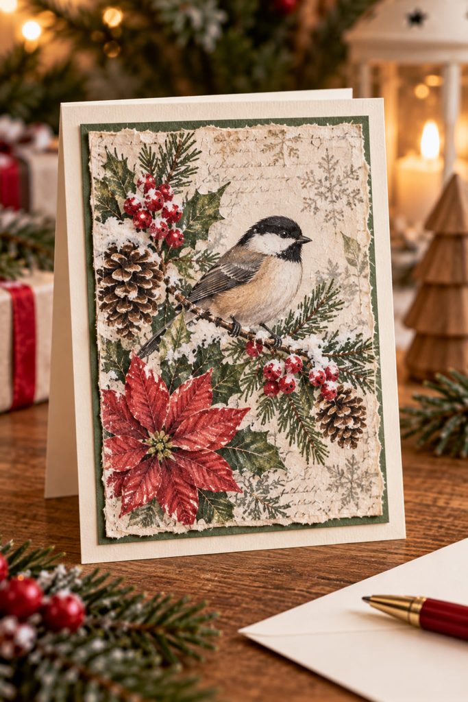 Ivory folded Christmas card with a flat napkin-decoupage winter botanical panel mounted on the front.