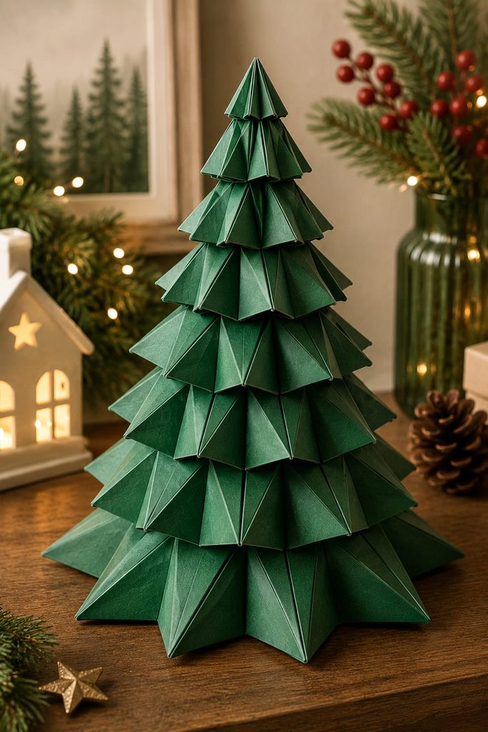 Tiered modular origami Christmas tree built from graduated folded paper units.