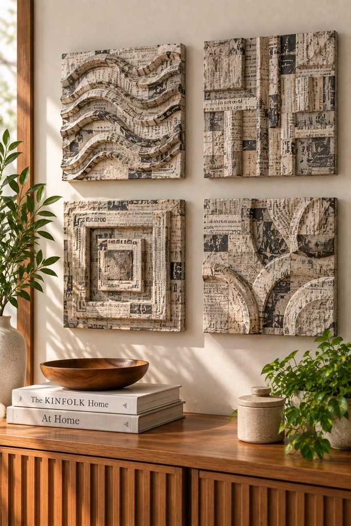 Four molded papier-mâché newspaper relief tiles arranged in a spaced wall grid.
