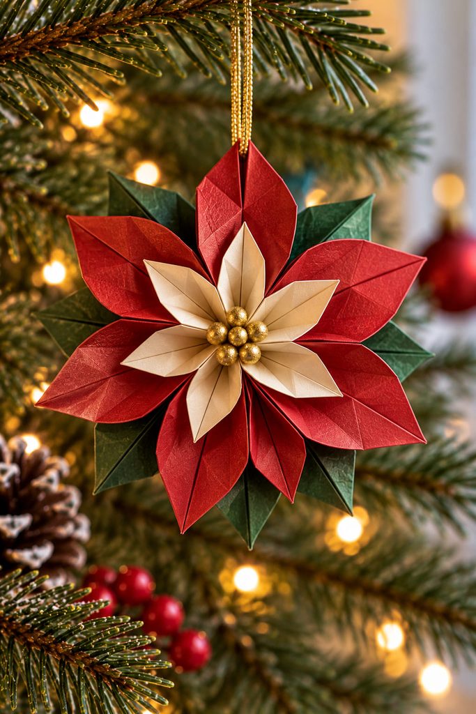 Red folded poinsettia rosette ornament with color-reversal petals radiating from a compact center.