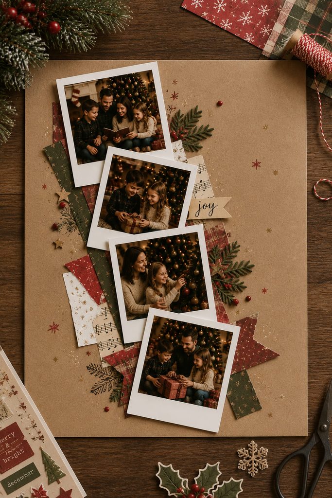 Four white-bordered Christmas photos arranged in a controlled overlapping cascade on kraft scrapbook paper.