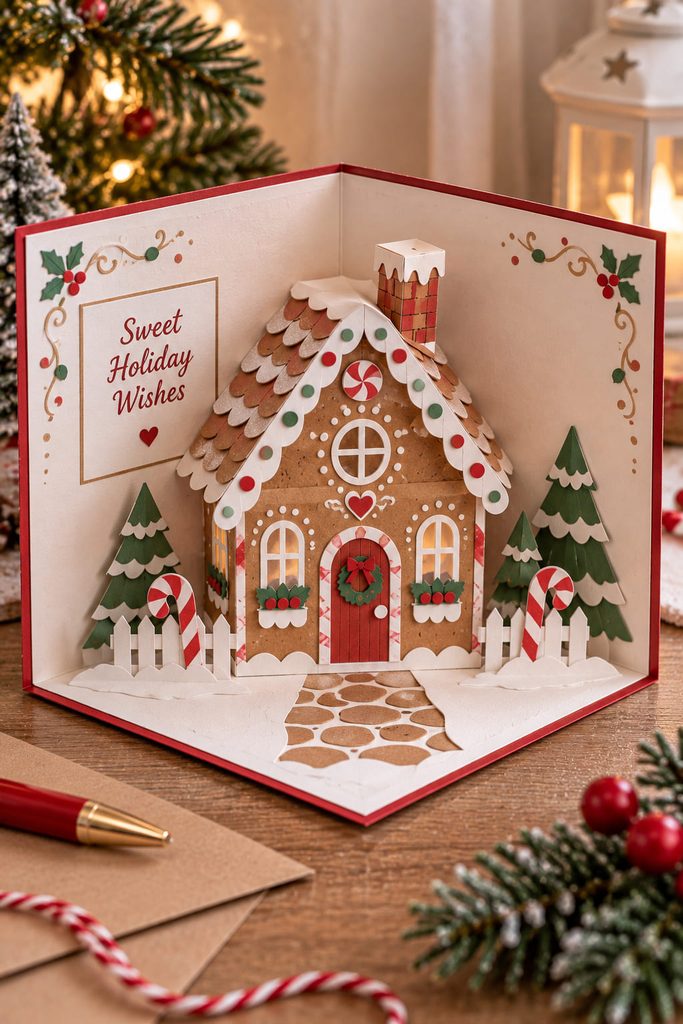 Open Christmas card with a dimensional gingerbread cottage rising from a folded paper pop-up mechanism.