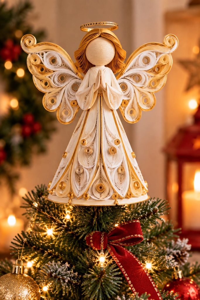 Quilled paper angel tree topper with scroll wings and a lightweight cardstock cone fitted over the top branch.
