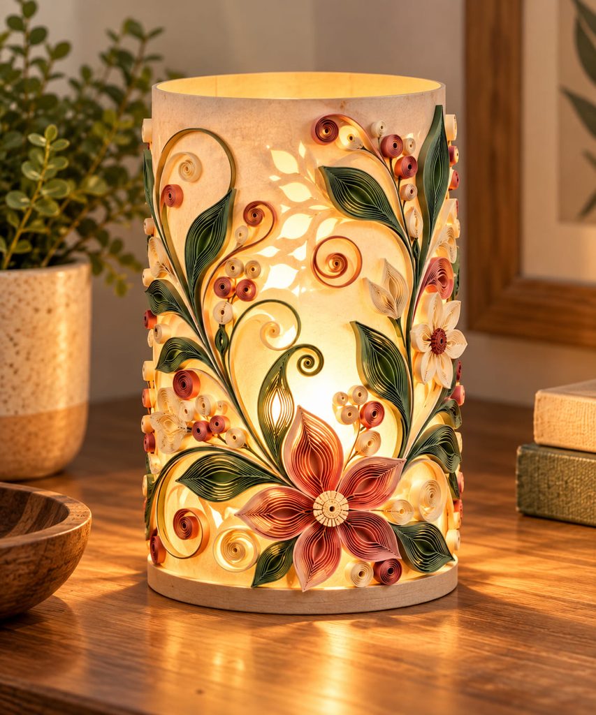 Quilled vellum lantern sleeve glowing around a cool battery-powered LED light.